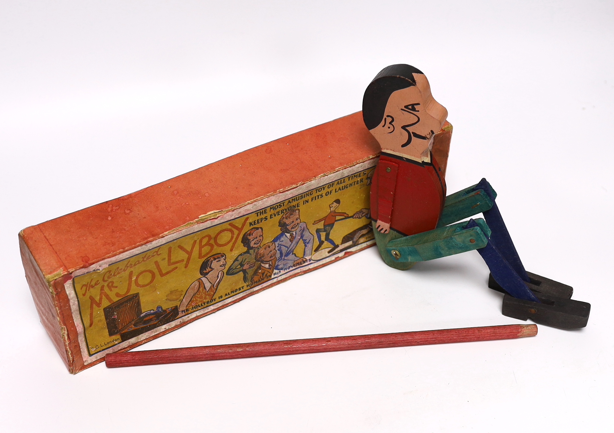 A boxed B.G.L. London ‘The Celebrated Mr Jollyboy’ animated toy puppet, 30cm